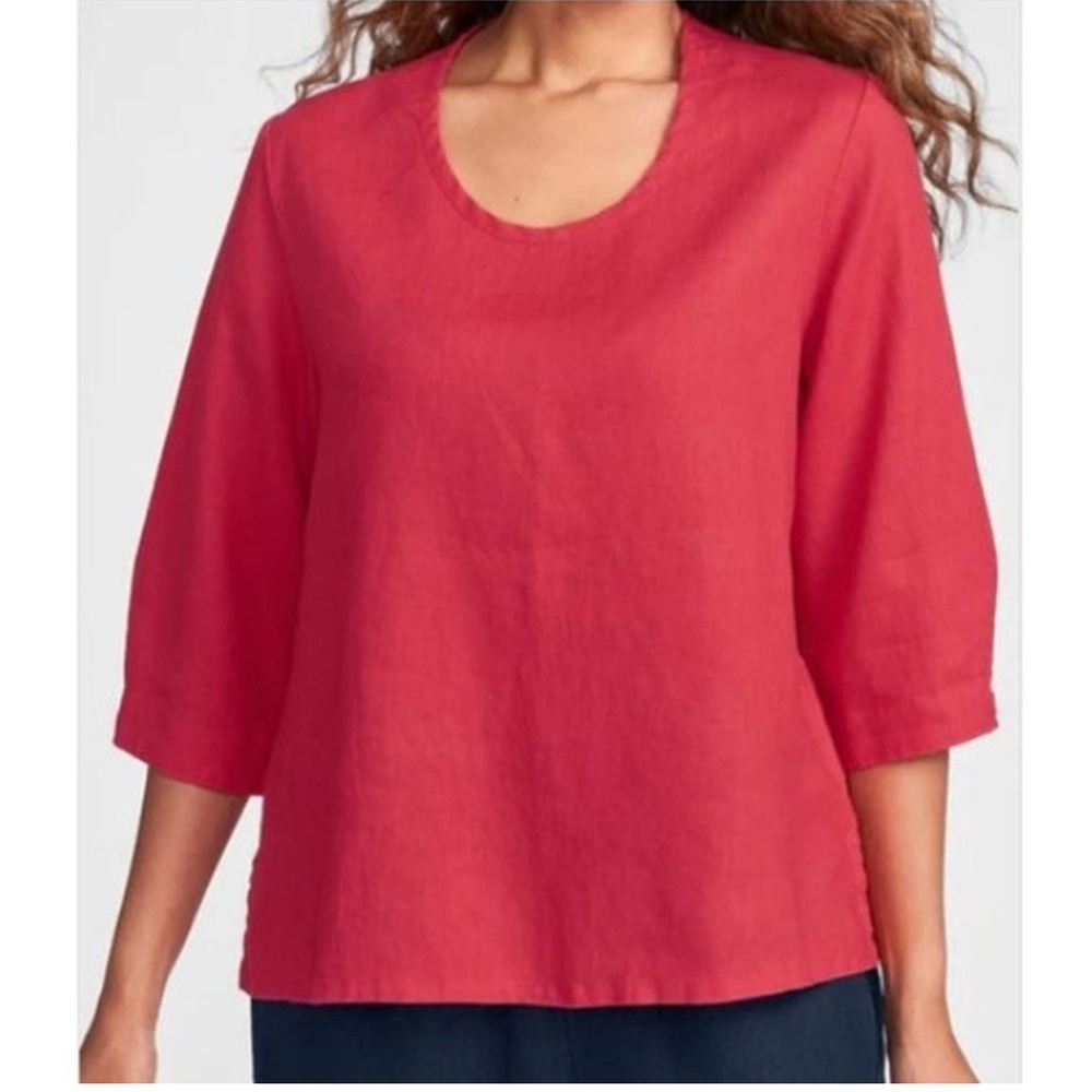 New FLAX Pink Linen Scoop neck Pullover Shirt Elbow Sleeve Layer Top sz.M 10-14